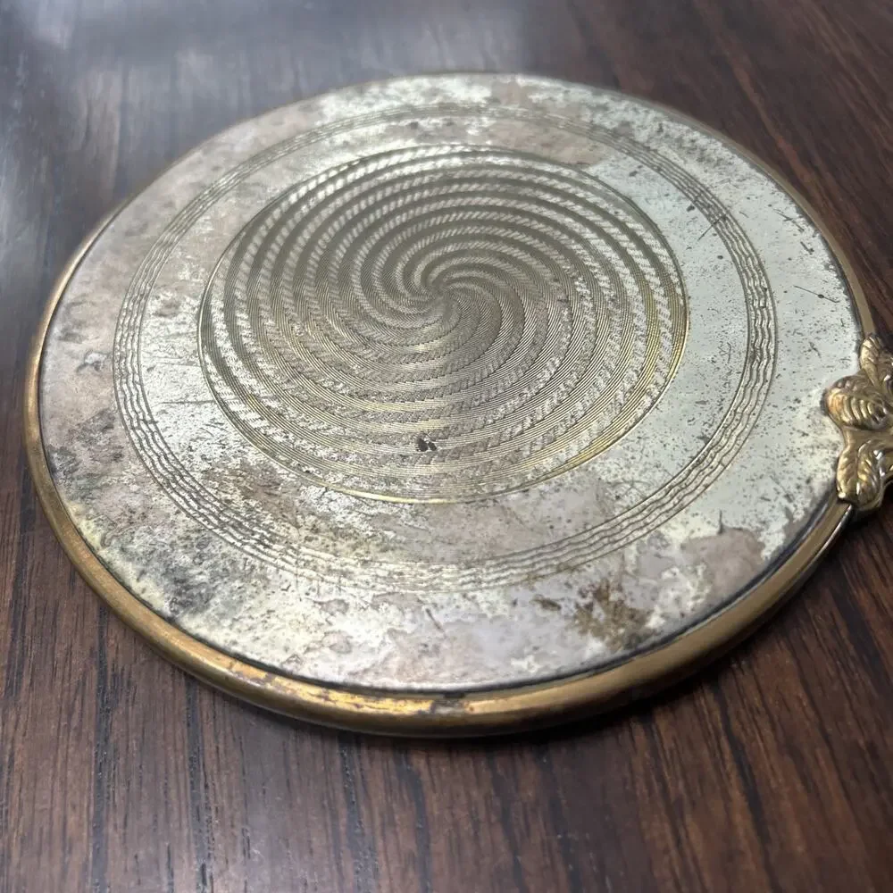 Vtg Art Deco Brass Hand Mirror Antique With Spiral Pattern